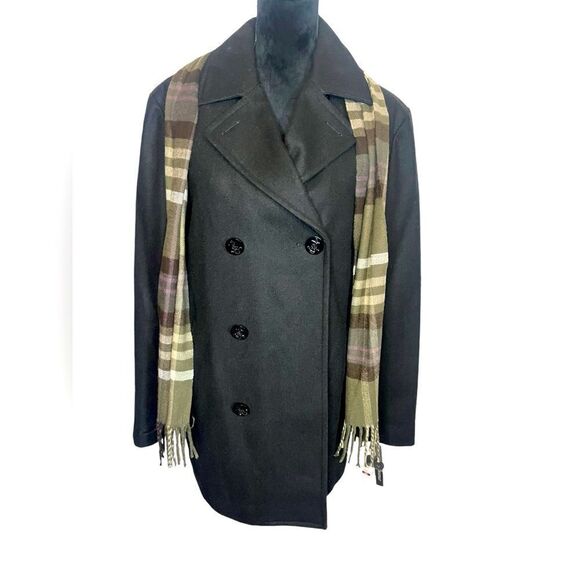 NWT LIZ CLAIBORNE MENS BLACK WOOL BLEND W/ PLAID SCARF ATTACHED PEACOAT SIZE M - Picture 1 of 12